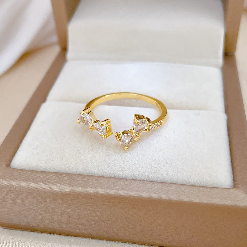 Anello regolabile con strass a fiocco placcato in ottone Anello da donna fresco e dolce Kawaii