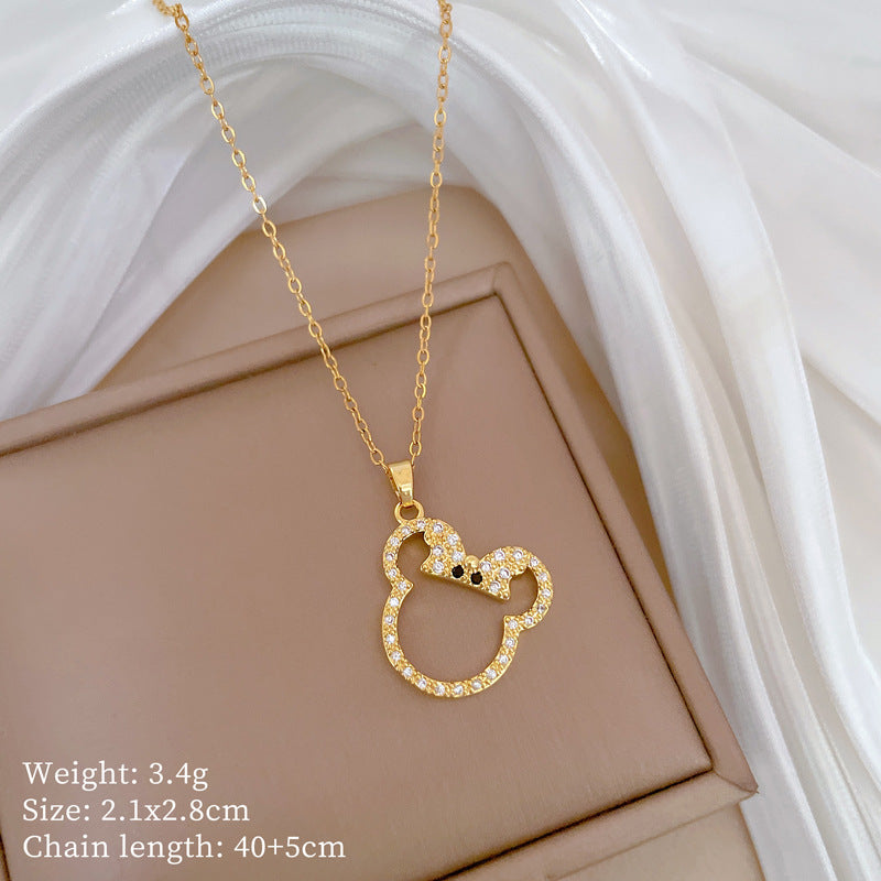 Elegante collana pendente con fiocco e gatto per donna, con strass su catena in acciaio al titanio, design geometrico minimalista