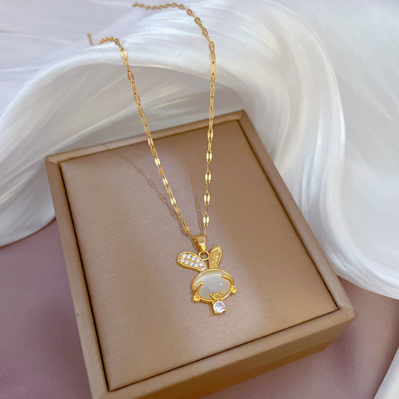 Luxury Rabbit Pendant Necklace in Titanium Steel with Micro-Pavé Zirconia and Cat's Eye Stone, Geometric Design, Gold-Plated Copper Accent, Minimalist Ins Style