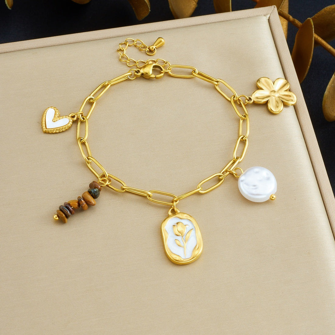 Elegant Geometric Heart Flower Stainless Steel Plated Necklace and Bracelet Set with Pearl and Tiger's Eye for Women