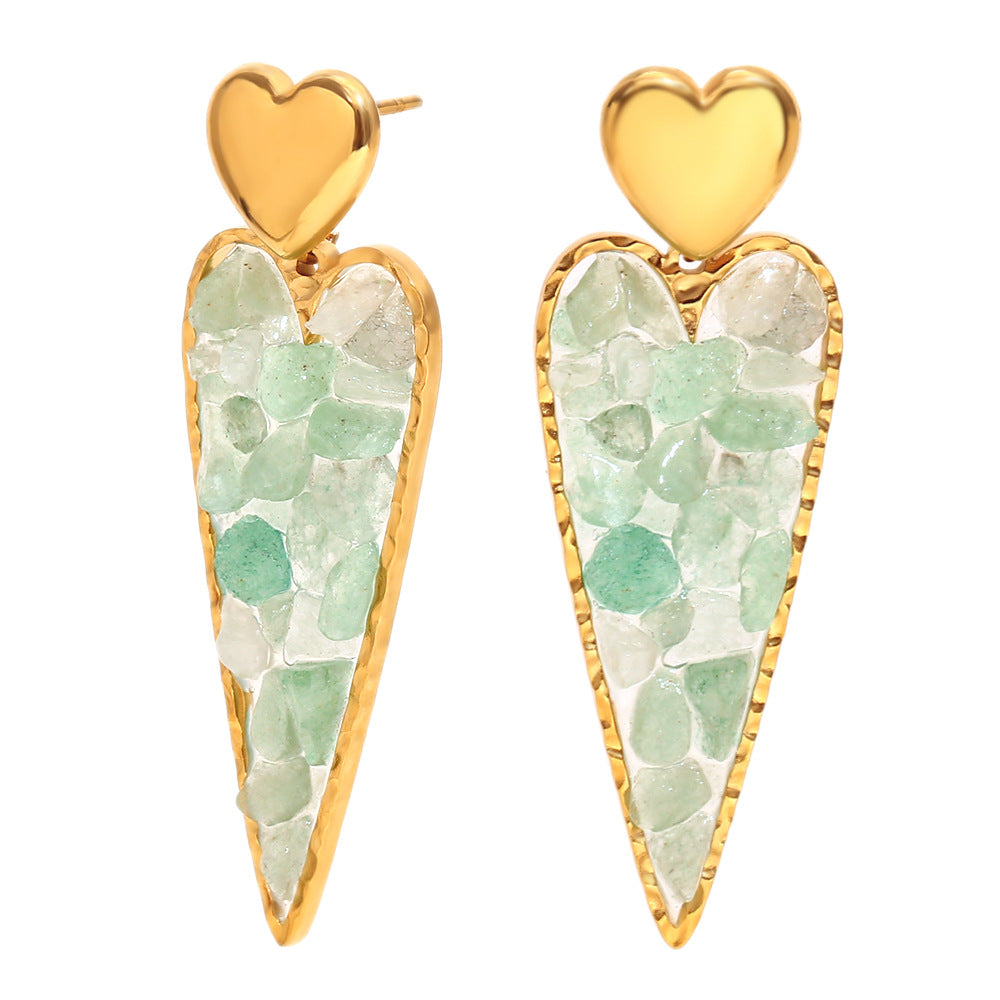 Vintage-Style Heart-Shaped Stainless Steel Earrings with 18K Gold Plating and Green Rhinestone Accents