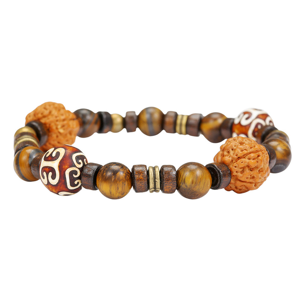 Vintage Handmade Geometric Round Wood and Alloy Beaded Bracelet for Men