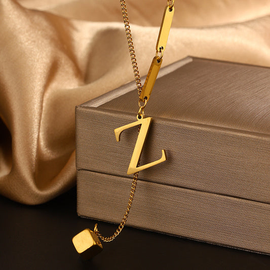 Elegant Business Titanium Steel Plated Letter Z Square Pendant Necklace for Unisex