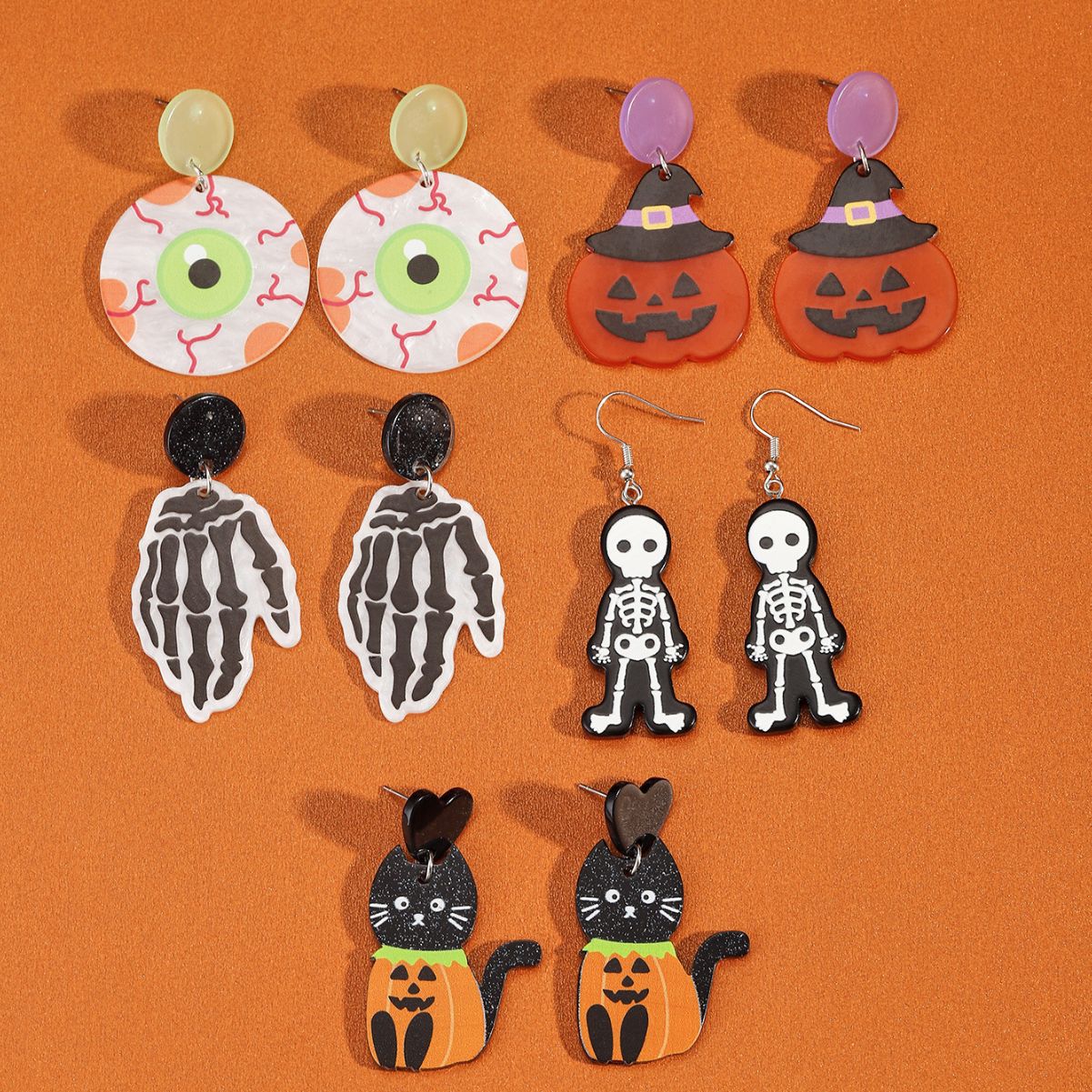 Juego de pendientes de acetato con forma de calavera y calabaza de Halloween para mujer, con postes de acero inoxidable