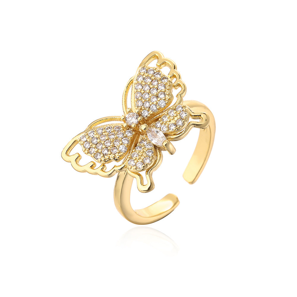 Minimalist Butterfly and Dragonfly Shaped Adjustable Copper Ring with Real Gold Plating and Zircon Inlay for Women