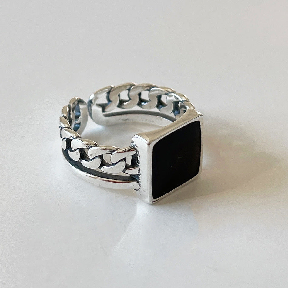 Vintage Minimalist 925 Sterling Silver Square Curb Chain Ring with Resin Inlay