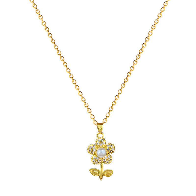 Minimalist Leaf and Flower Shaped Titanium Steel Necklace and Earrings Set with Rhinestone Inlay for Women