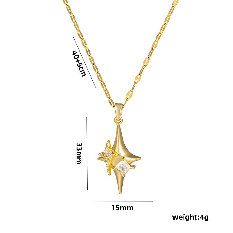 Minimalist Geometric Four-Pointed Star Cross Pendant Necklace for Women Titanium Steel Plated with Rhinestones