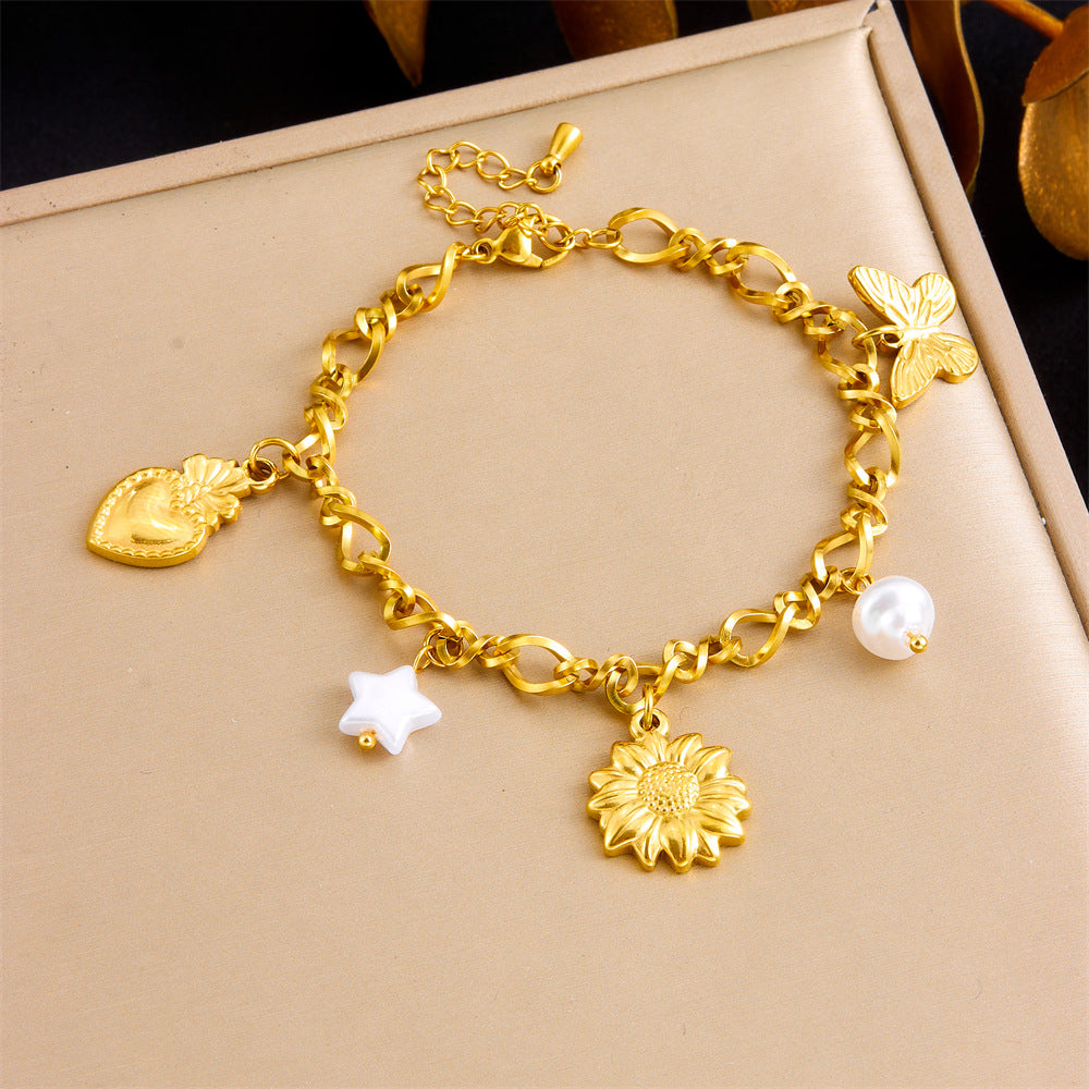 Gold Plated Stainless Steel Star Heart Butterfly Floral Bracelet