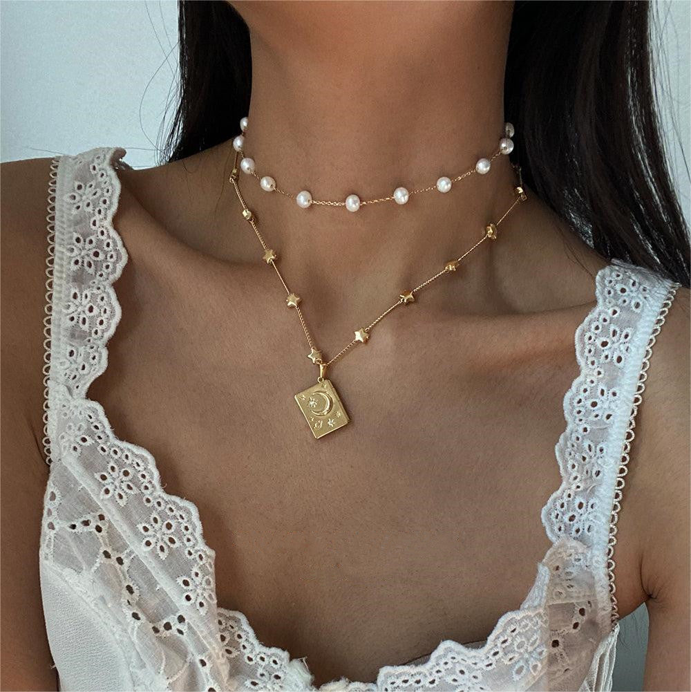 Light Luxury Geometric Star and Moon Pendant Necklace with Rhinestone Inlay on O-Chain for Women