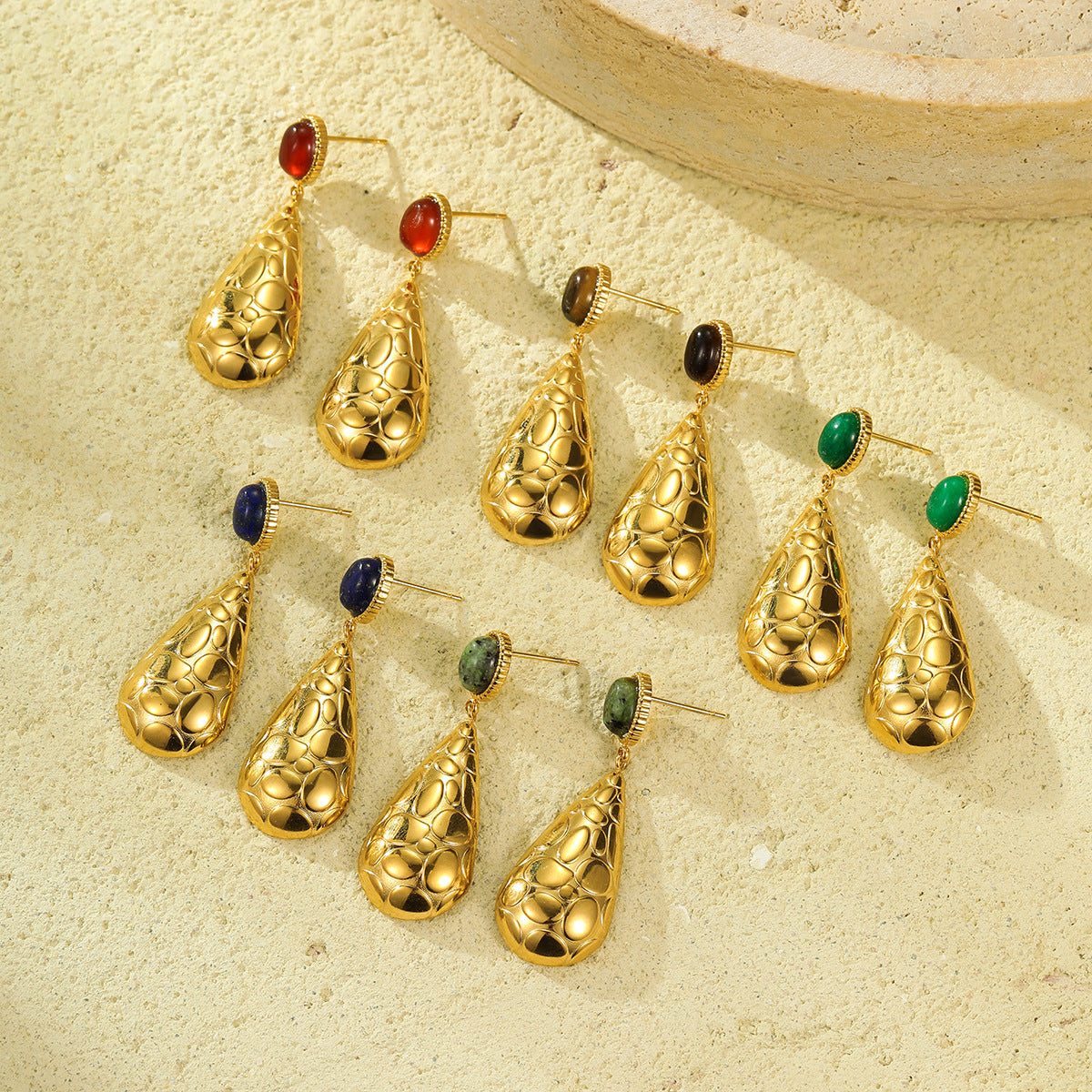 Fashionable Water-Drop-Shaped Stainless Steel Stud Earrings with Natural Stone Inlay and Plated Finish for Women