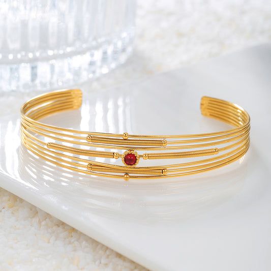 Geometric Round Polished Plated Stainless Steel Titanium Steel Rhinestone Wide Open Cuff Bracelet