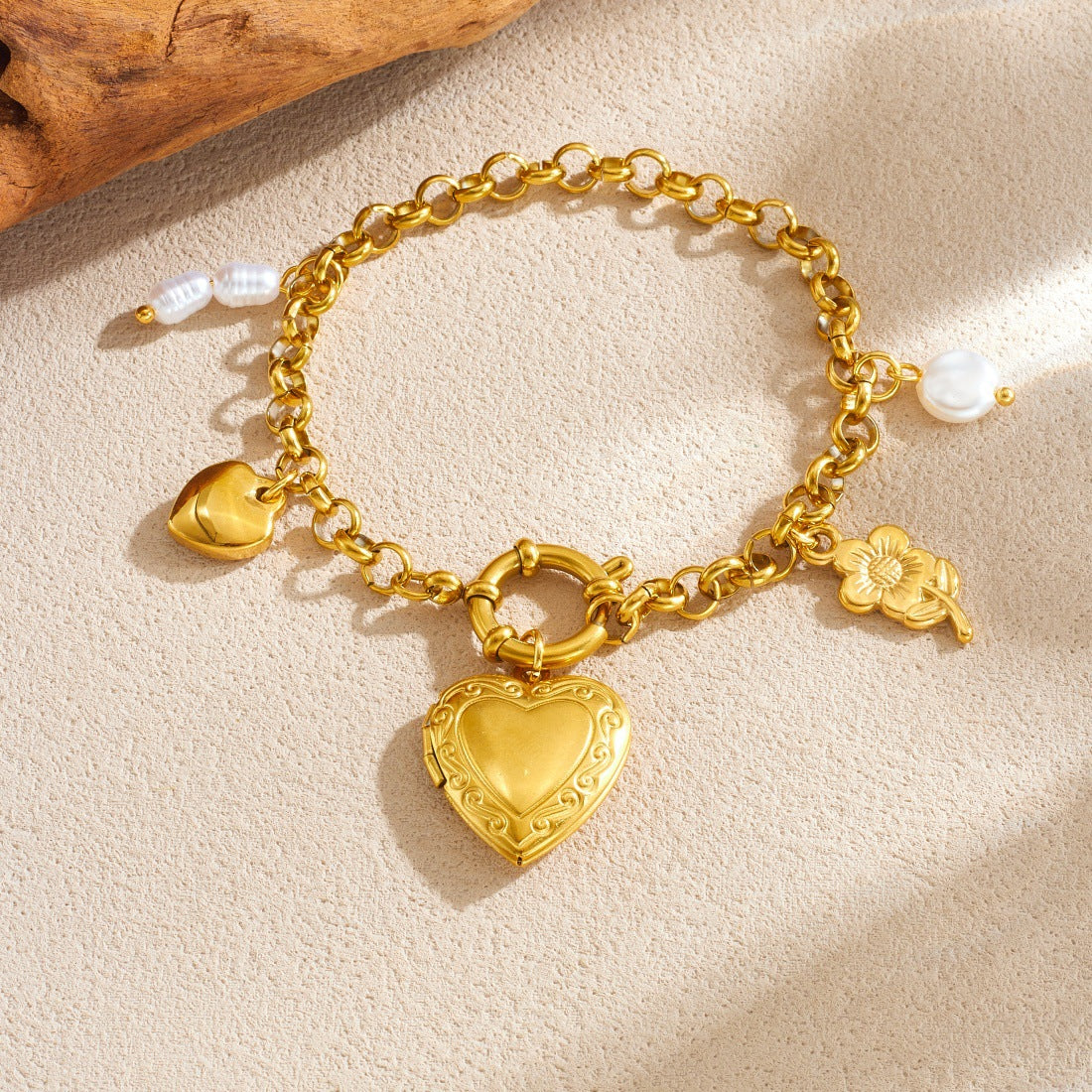 Gold Plated Heart and Round Floral Pearl Bracelet for Women