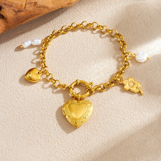 Gold Plated Heart and Round Floral Pearl Bracelet for Women
