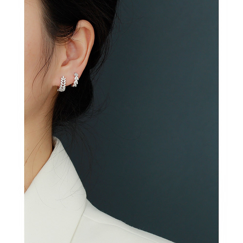 Sweet 925 Sterling Silver Heart Leaf Rhinestone Hoop Earrings for Women