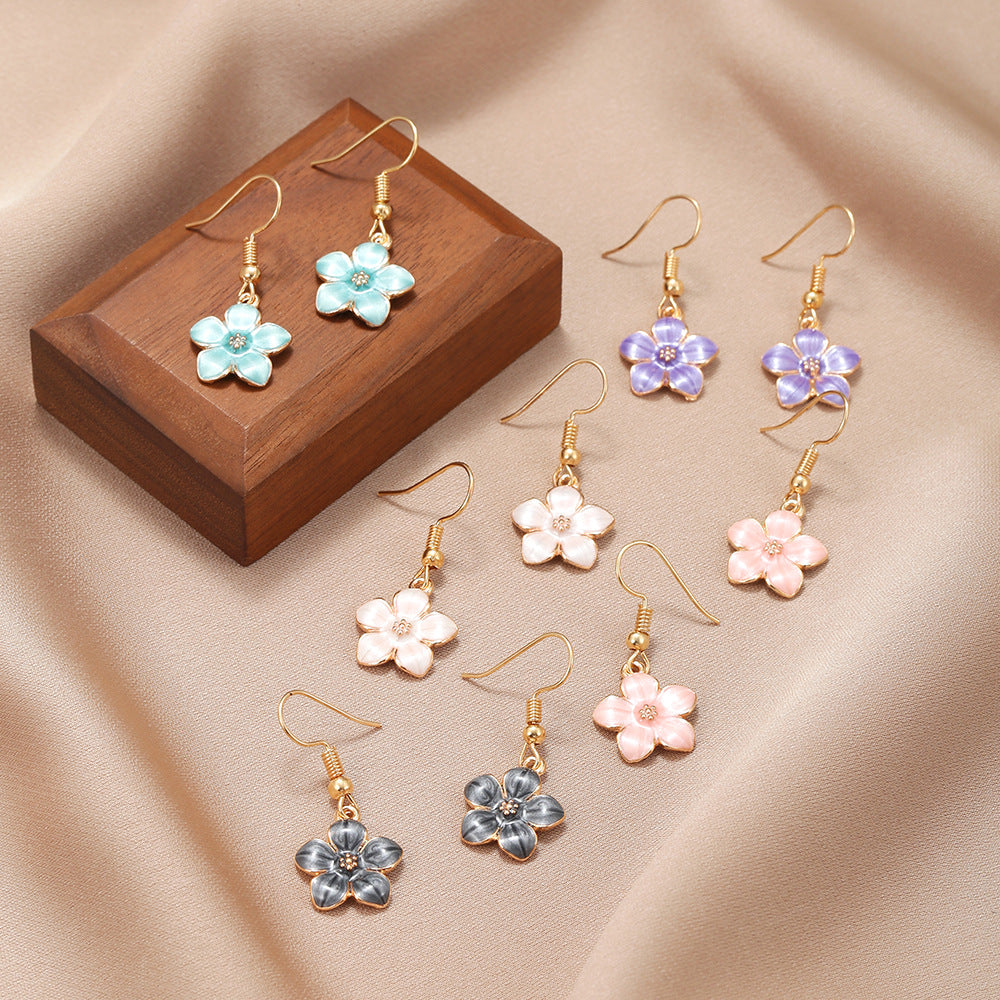 Fresh Floral Five-Petal Enamel Alloy Stud Earrings for Women with Rose Motif and Sweet Aesthetic
