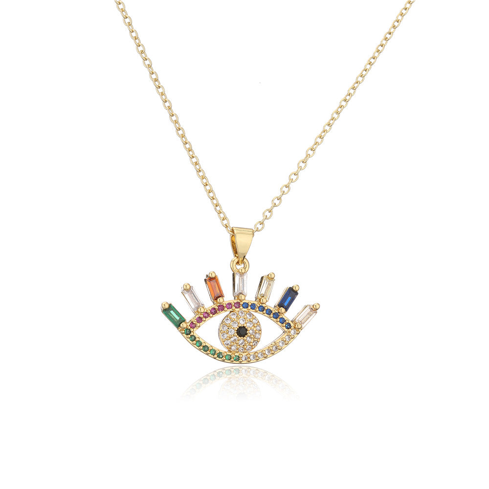 Gold Geometric Inlaid Cubic Zirconia Brass Necklace with Cable Chain for Women