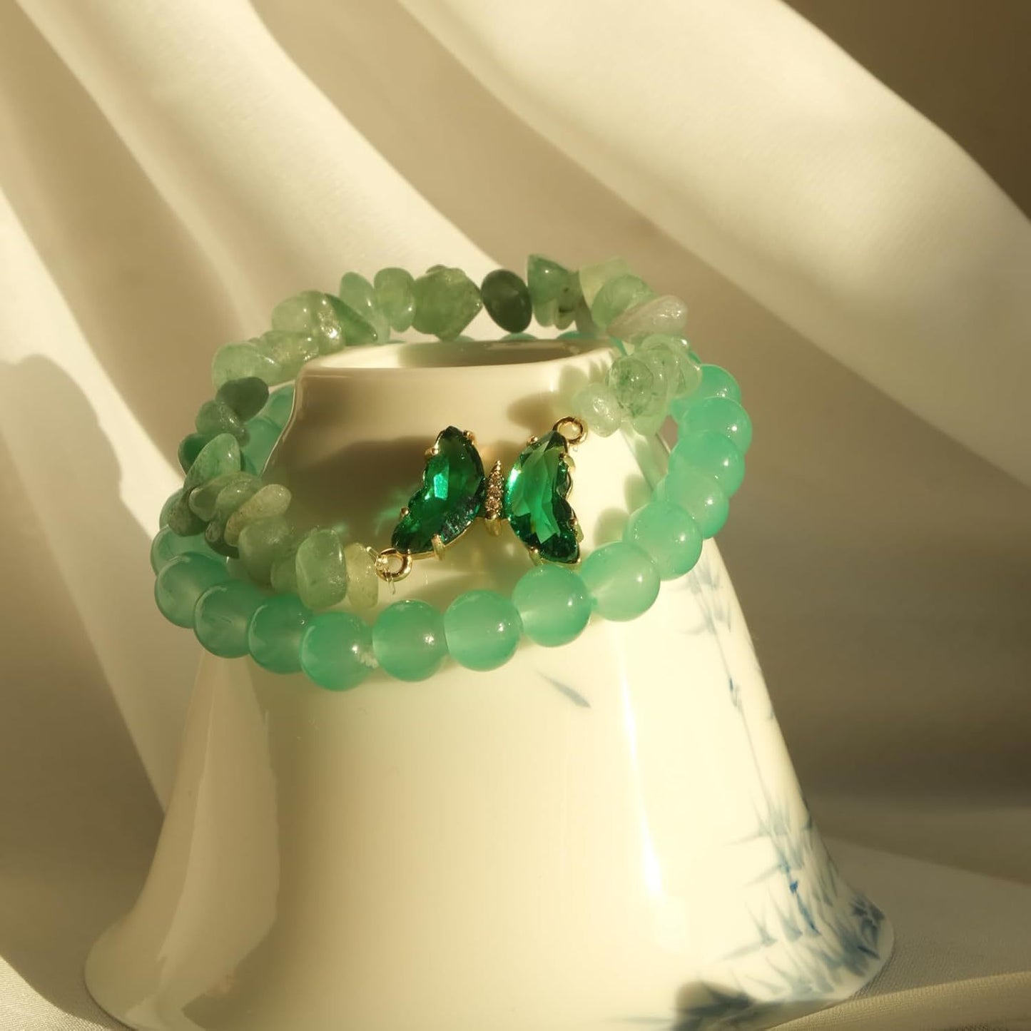 Minimalist Butterfly Crystal Beaded Bracelet Charm Bar Set