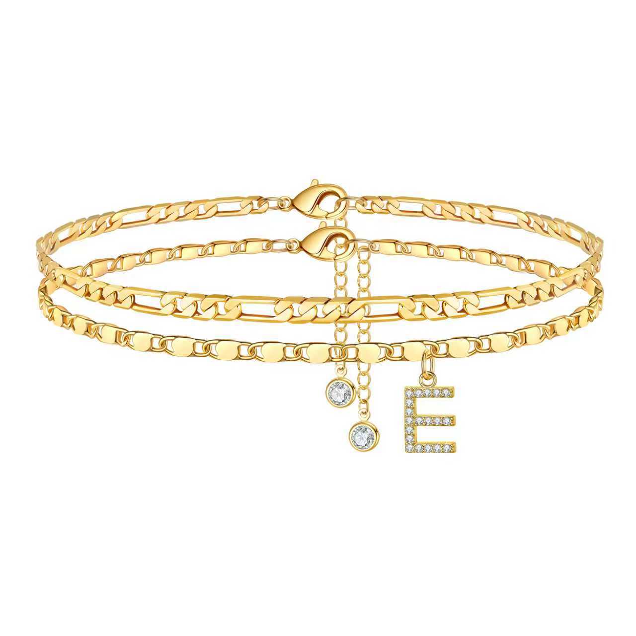 Bohemian Gold Plated Alloy Letter Cubic Zirconia Figaro Chain Anklet for Women