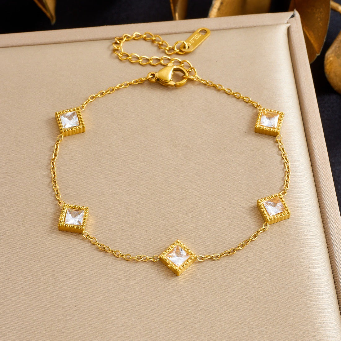 Geometric Square Heart Rhinestone Plated Stainless Steel Bracelet for Women