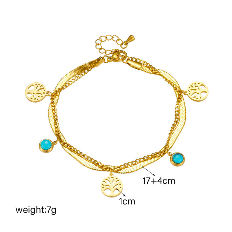 Bracciale da donna vintage minimalista con ciondolo rotondo Albero della Vita in turchese a doppio strato in acciaio al titanio