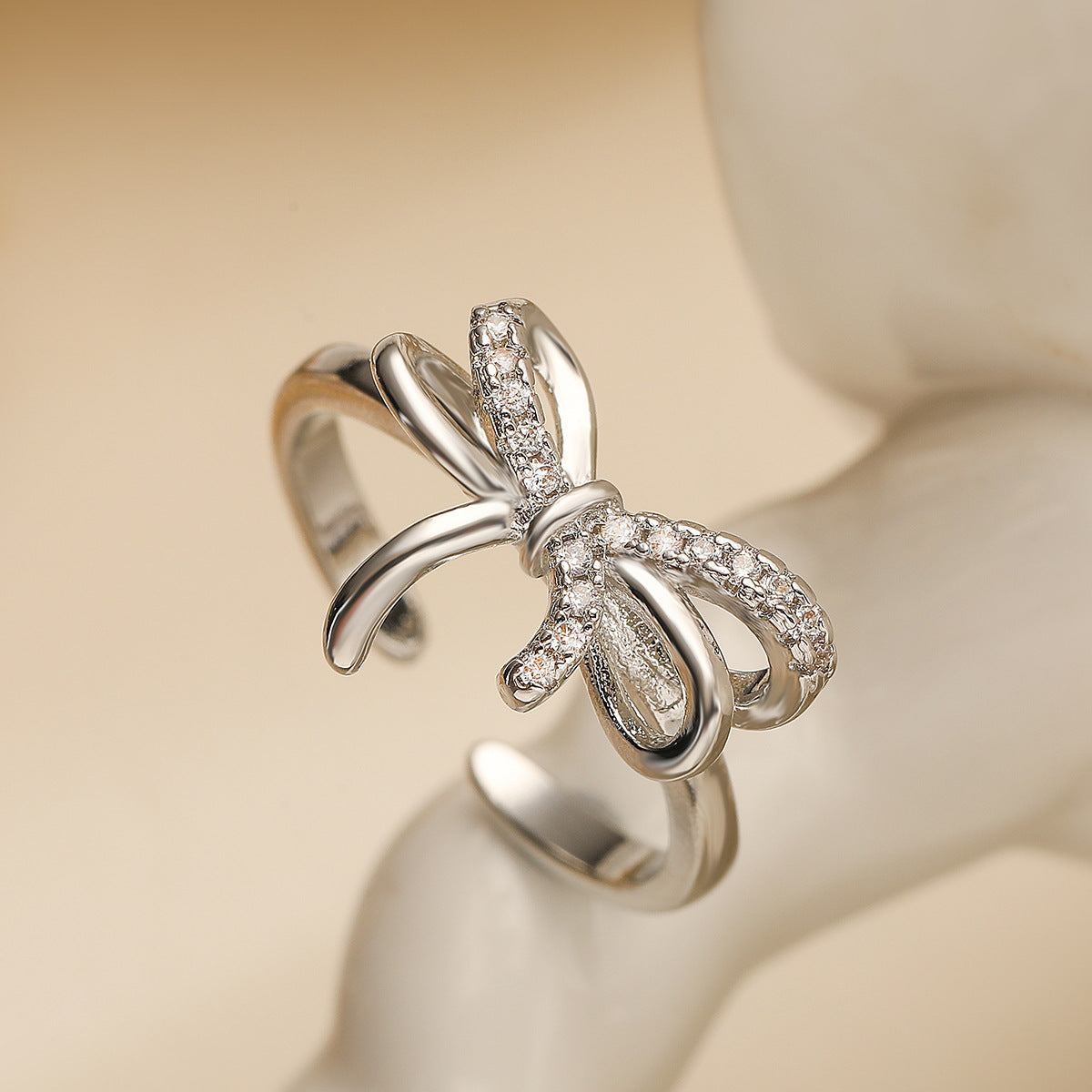 Minimalist Bowknot-Shaped Open Ring for Women Made of Copper with Micro-Pave Zirconia Accents