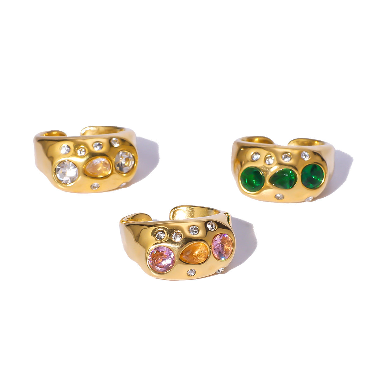 Anello aperto regolabile vintage in acciaio inossidabile con intarsio di strass colorati e placcatura in oro 18 carati, gioiello geometrico minimalista