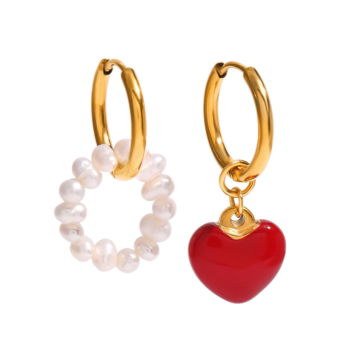 Sweet Heart Drip Oil Stainless Steel Earrings with Pearl Inlay PVD Plated