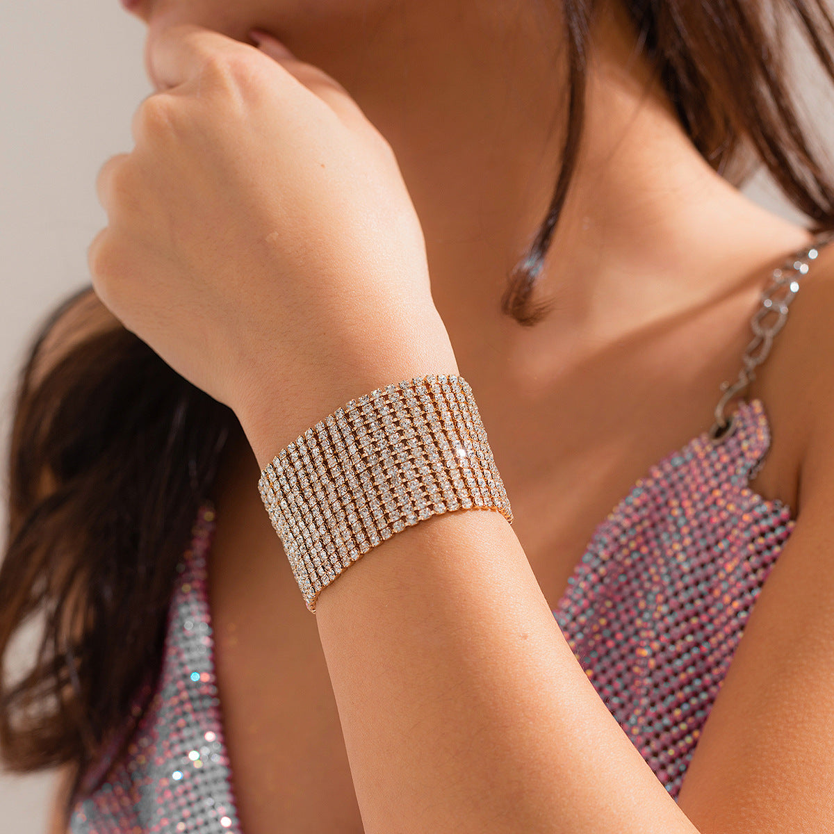 Pulsera Minimalista de Cadena de Garra de Metal Geométrica con Incrustaciones de Pedrería para Mujer