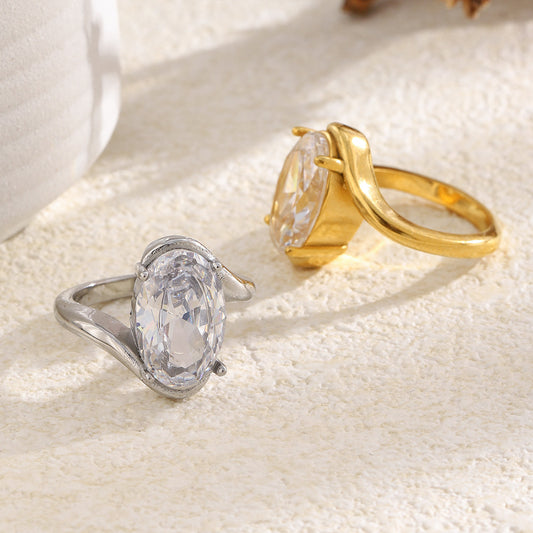 Luxury Minimalist 18K Gold Plated Stainless Steel Oval Zircon Ring for Women
