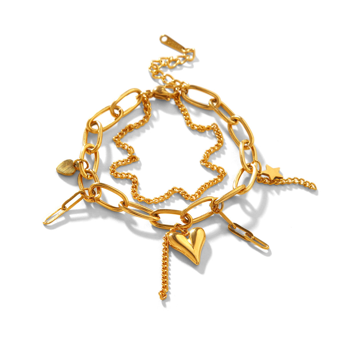 Fashionable 18K Gold Plated Stainless Steel Double Chain Bracelet with Star and Heart Charms for Women