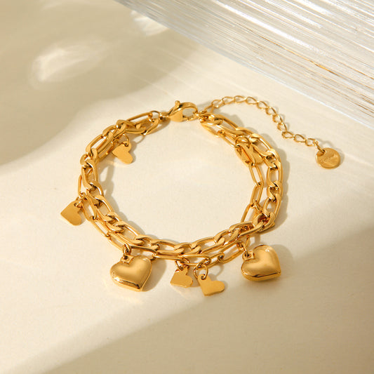 Minimalist Heart-Shaped Titanium Steel Double-Layer Stackable Bracelet for Women with Plated Finish