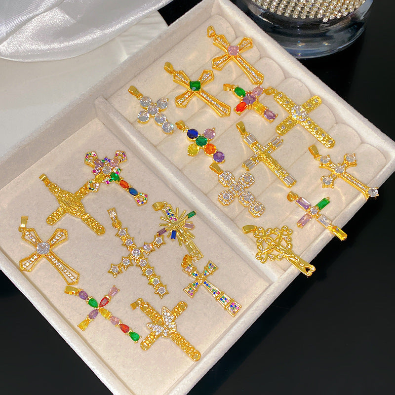 Sporty Sweet 18K Gold Plated Cross Titanium Steel Necklace with Cubic Zirconia for Women