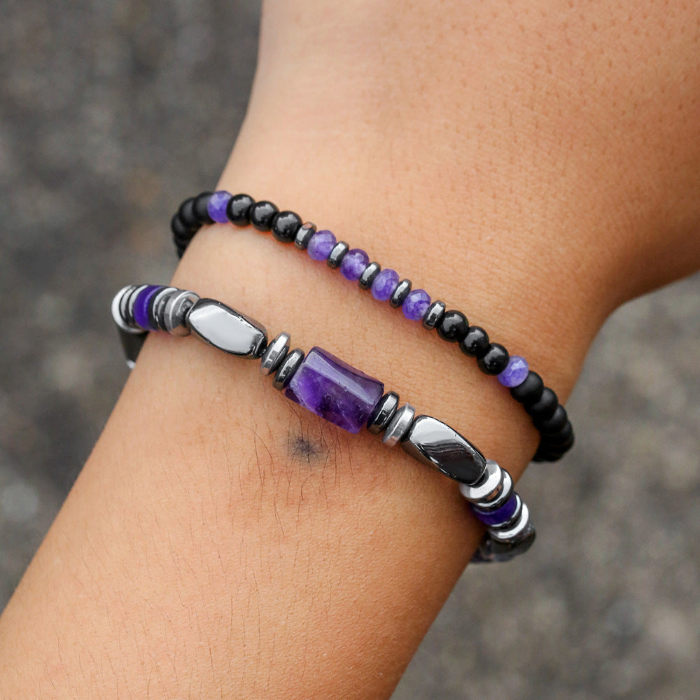 Bohemian Minimalist Geometric Hematite Amethyst Beaded Bracelet Handmade for Men and Women