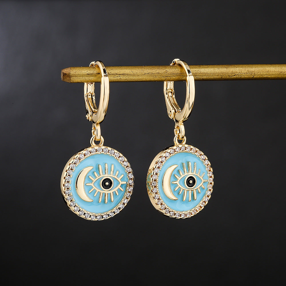 Minimalist Geometric Copper Earrings with 18K Gold Plating and Enamel Eye Detail for Women
