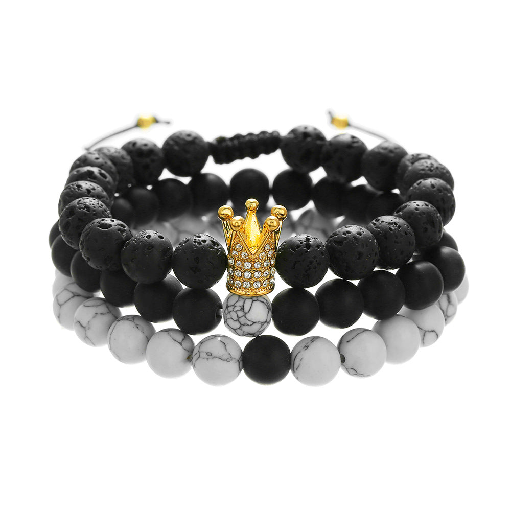 Sporty Micro-pave Cubic Zirconia Crown Elastic Braided Bracelet Set with Tiger Eye and Lava Stone for Unisex