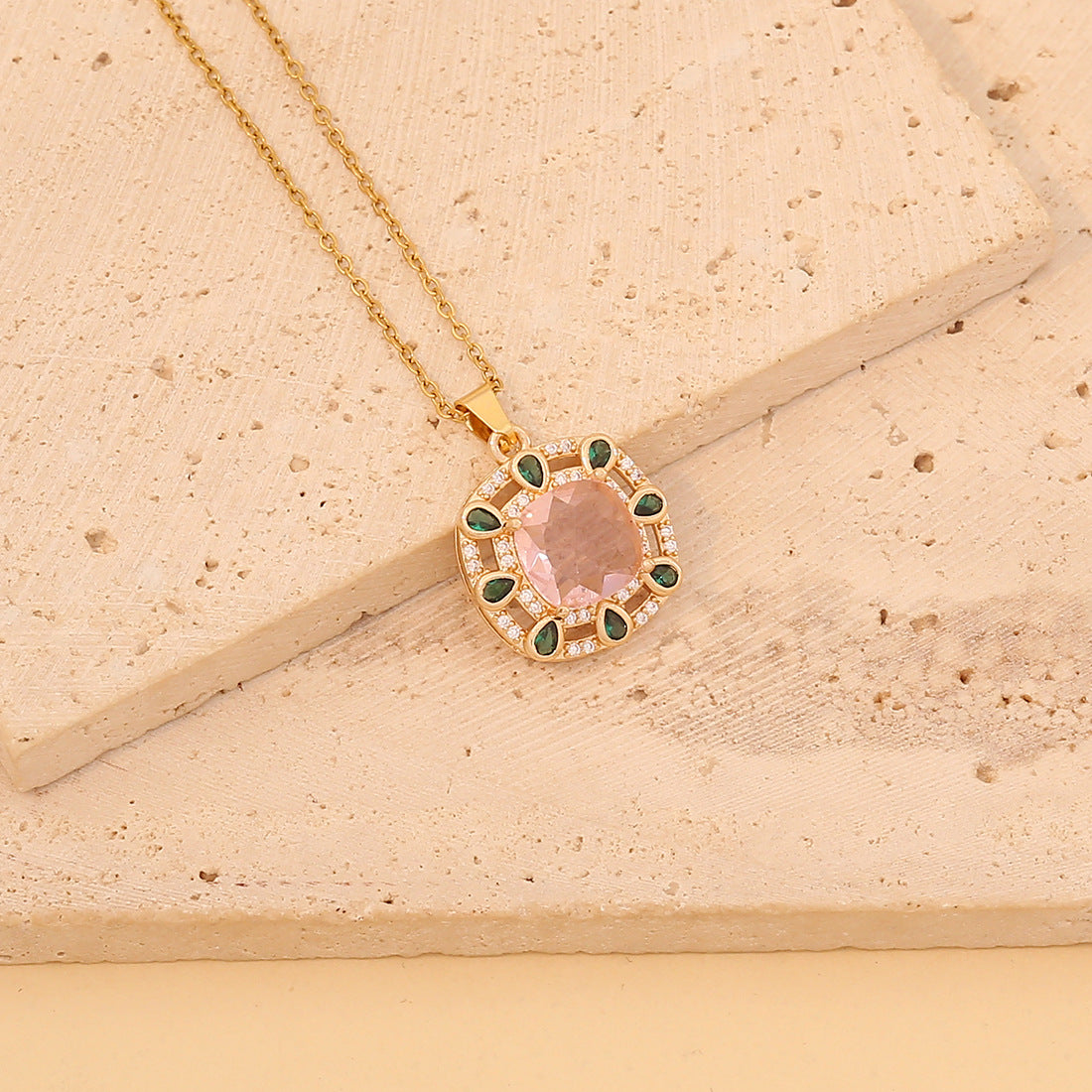 Vintage Geometric Square Pendant Necklace in Stainless Steel with Full Rhinestone Inlay