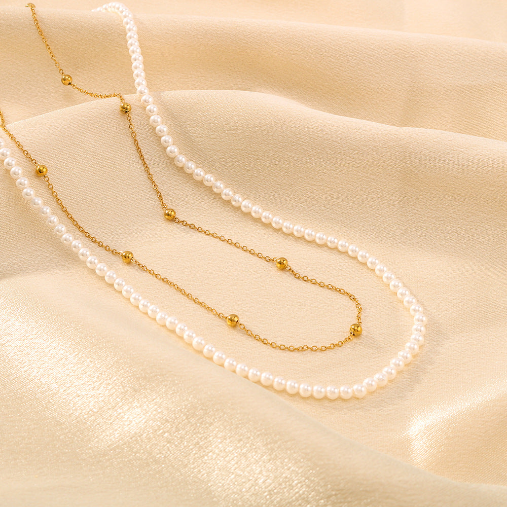 Vintage French-Inspired Geometric Pearl Necklace with Stainless Steel Chain and 18K Vacuum Plated Titanium Steel Pendant for Women