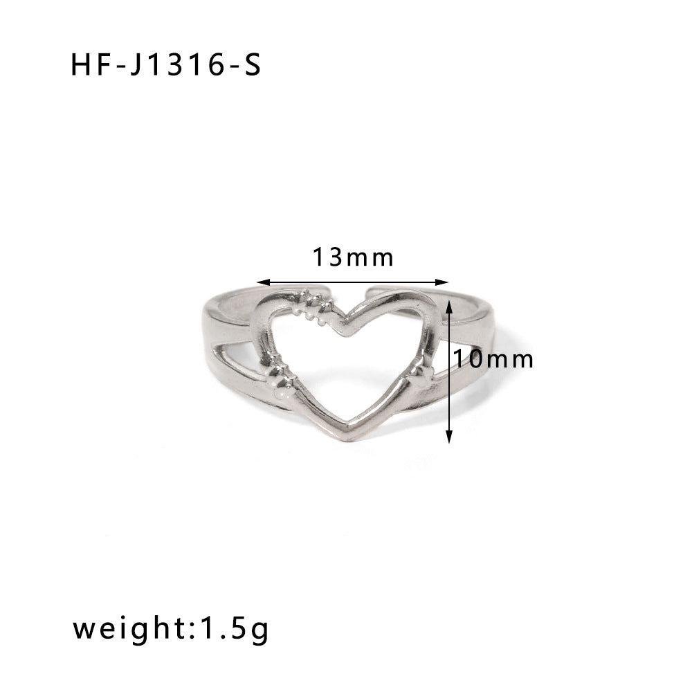 Anello da donna in acciaio inossidabile geometrico a forma di cuore, minimalista, con finitura placcata e design ispirato a una catena