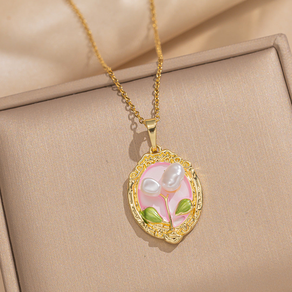 Baroque Style Leaf-Shaped Titanium Steel Necklace with Tulip Floral Motif, Vacuum-Plated for Hypoallergenic Wear, O-Chain Design