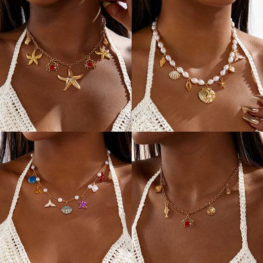 Collar casual con colgante de estrella de mar y concha bañados en aleación para mujer