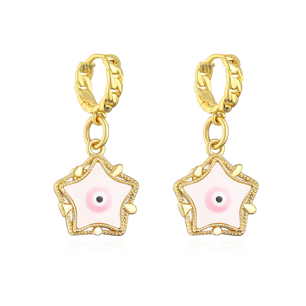 Minimalist Geometric Star Pendant Earrings with Enamel Eye Detail in Copper Plated 18K Gold for Women