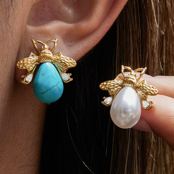 Pendientes de botón minimalistas geométricos de acero de titanio con circonita y perlas de imitación para mujer