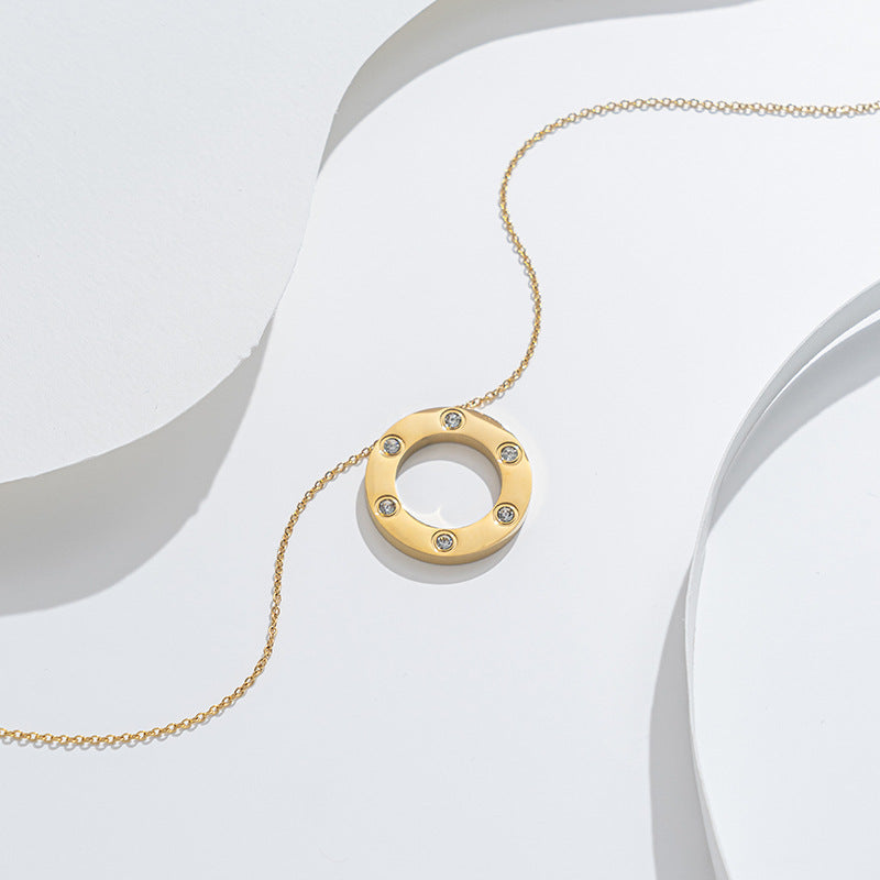 Minimalist Round Titanium Steel Pendant Necklace for Women with Rhinestone Inlay Snake Chain Elegant Clavicle Chain