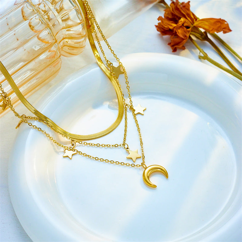 Collana Pendente Stella e Luna Stile Vintage in Acciaio Inox Lucido con Catena a Serpente da Donna