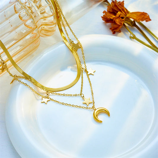 Collana Pendente Stella e Luna Stile Vintage in Acciaio Inox Lucido con Catena a Serpente da Donna