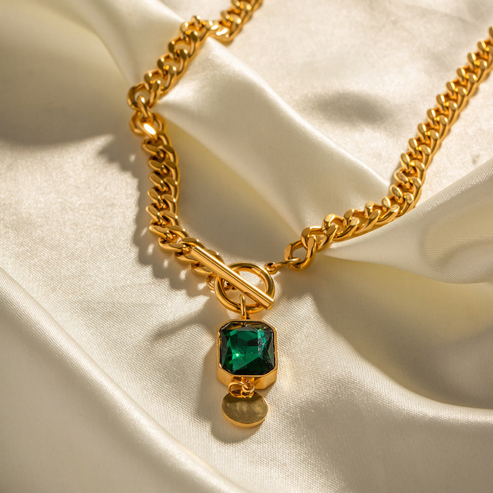 Collana con ciondolo geometrico di strass verdi in stile vintage, in acciaio al titanio con finitura placcata per donna e uomo