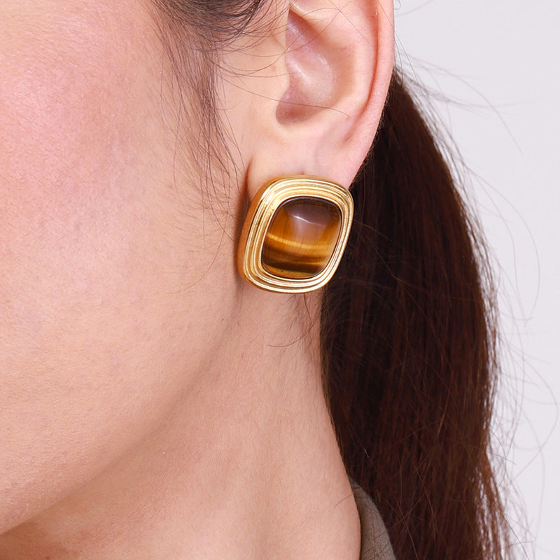 Orecchini a perno geometrici in acciaio inossidabile con finitura galvanica per donna, stile di tendenza per l'ufficio, con pietra occhio di tigre