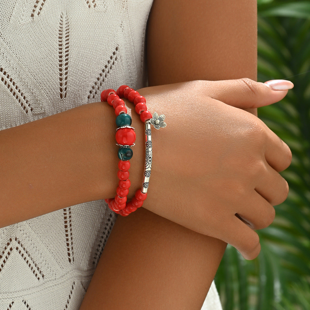 Vintage Style Handmade Braided Bracelet with Geometric Beaded Design and Floral Pattern for Women and Men
