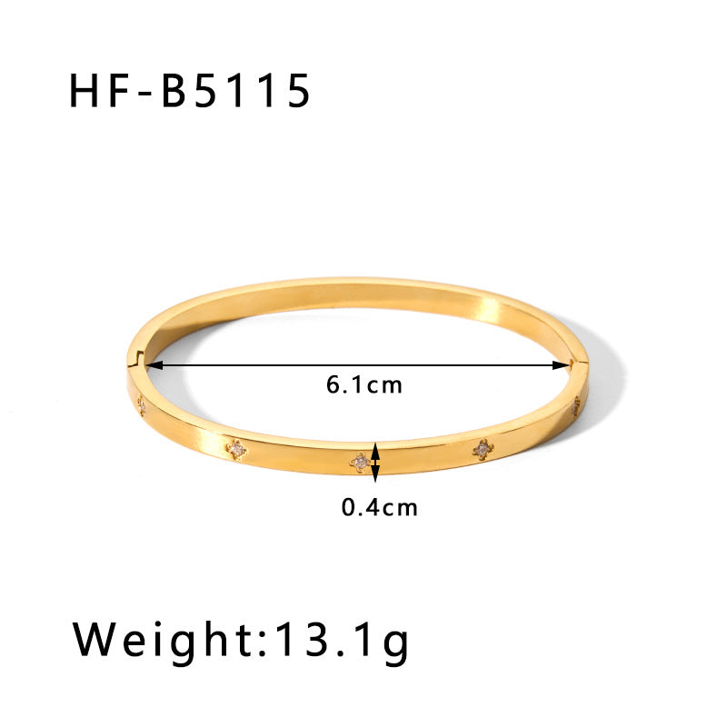 Vintage-Inspired Titanium Steel Cuff Bracelet with Zircon Inlay, Asymmetrical Design, Vacuum-Plated 18K Gold Finish for Women